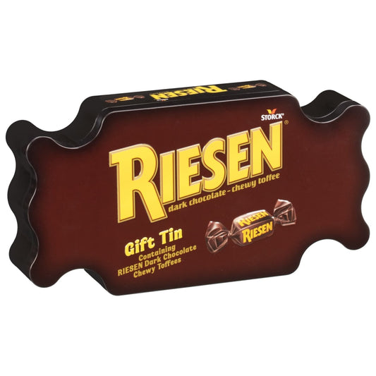Dark chocolate covered chewy toffee sweets in gift tin