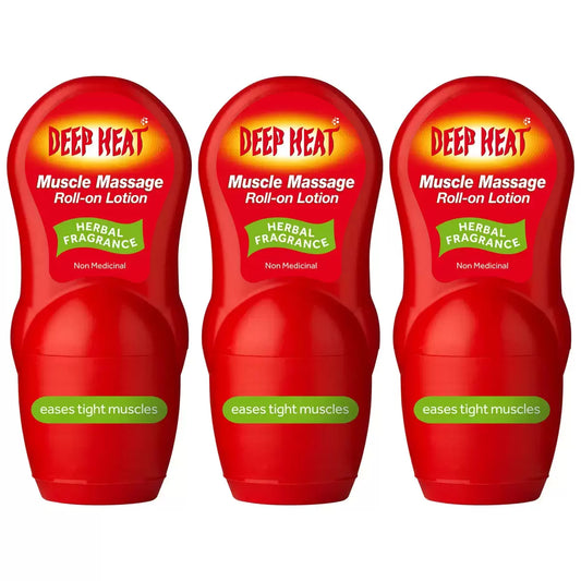 Deep Heat Muscle Massage Roll-On Lotion 3x50ml pack for joint pain relief.