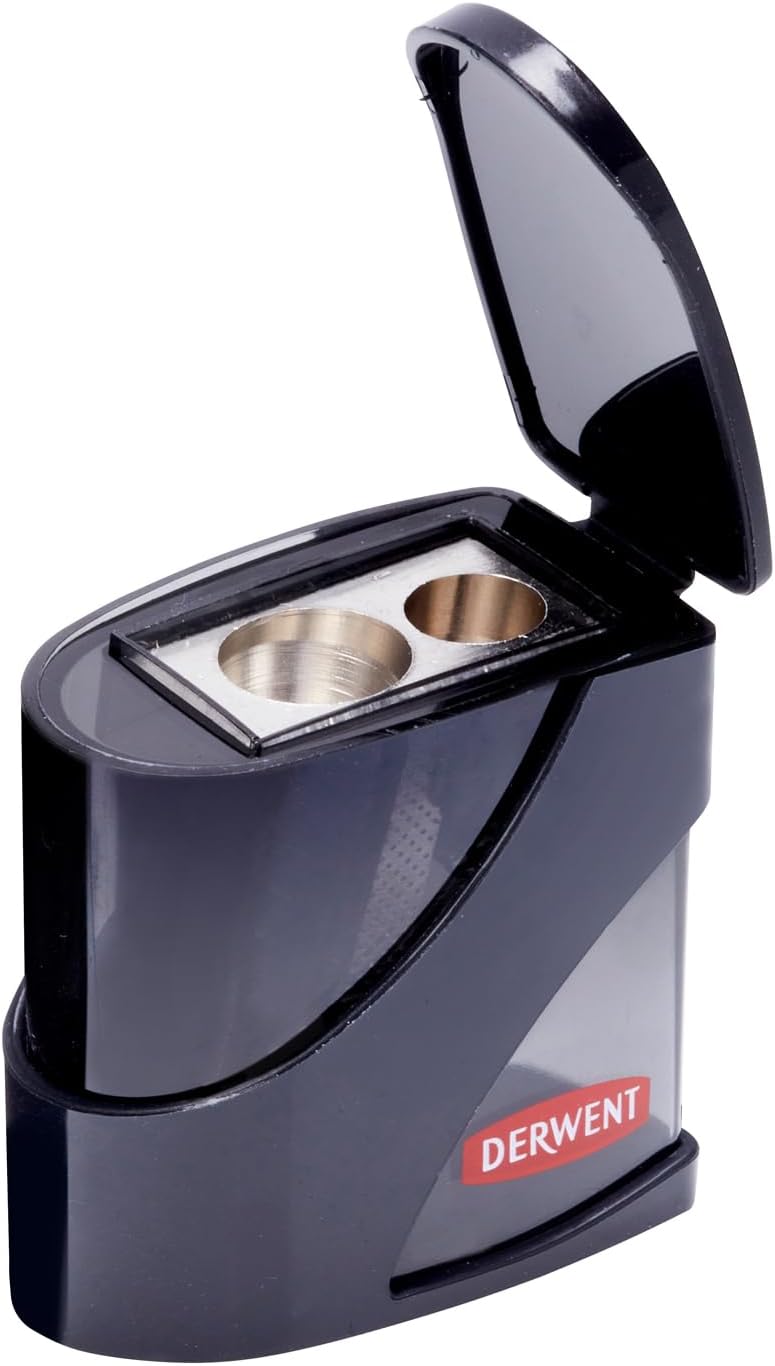 Derwent twin hole pencil sharpener with container