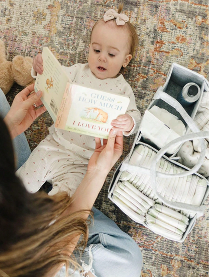 Portable baby essentials basket in black gray and beige