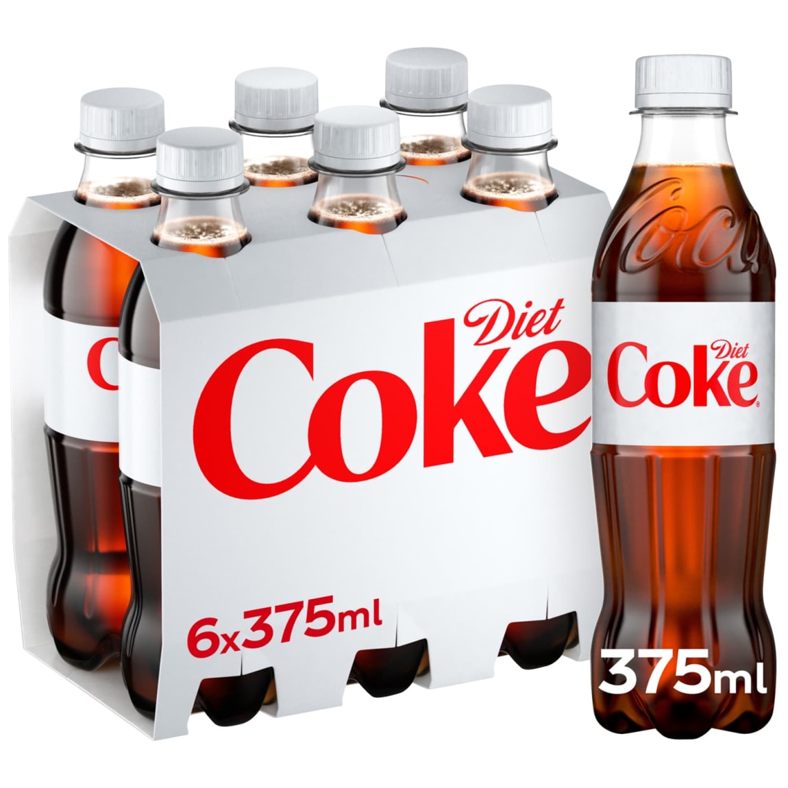 Diet Coke 6 x 375ml sugar-free bottles for refreshing soft drink
