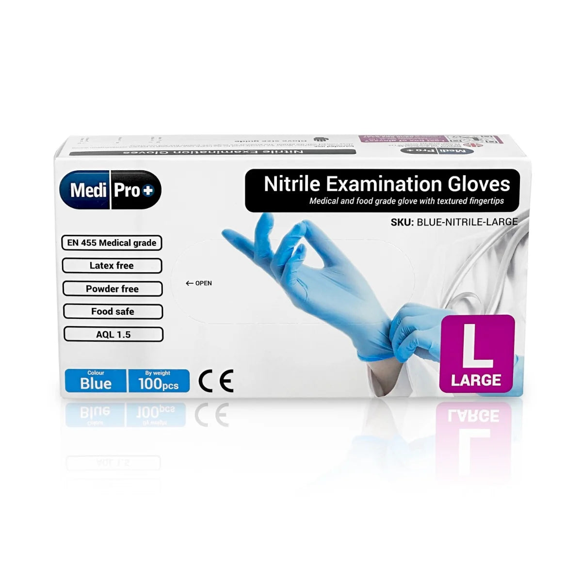 Blue Medical Grade Nitrile Gloves Large 100 Pack