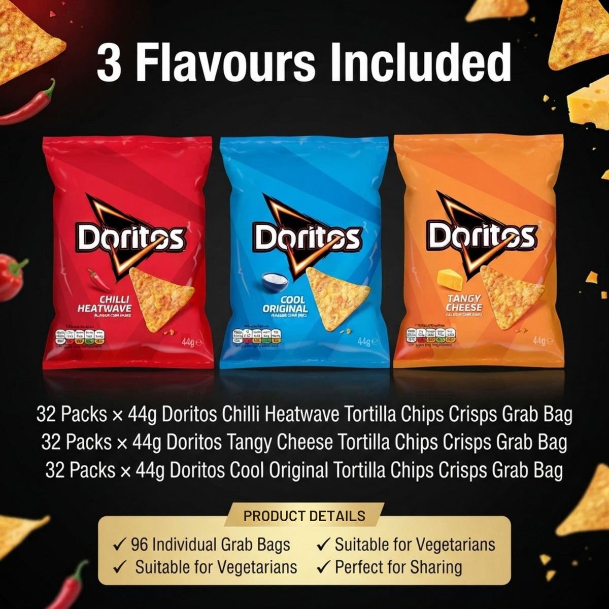 Mixed Doritos Chilli Heatwave Tangy Cheese and Cool Original bags