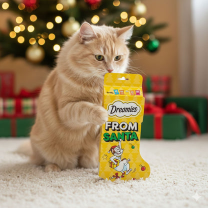 Festive cat treat gift stocking with Dreamies snacks