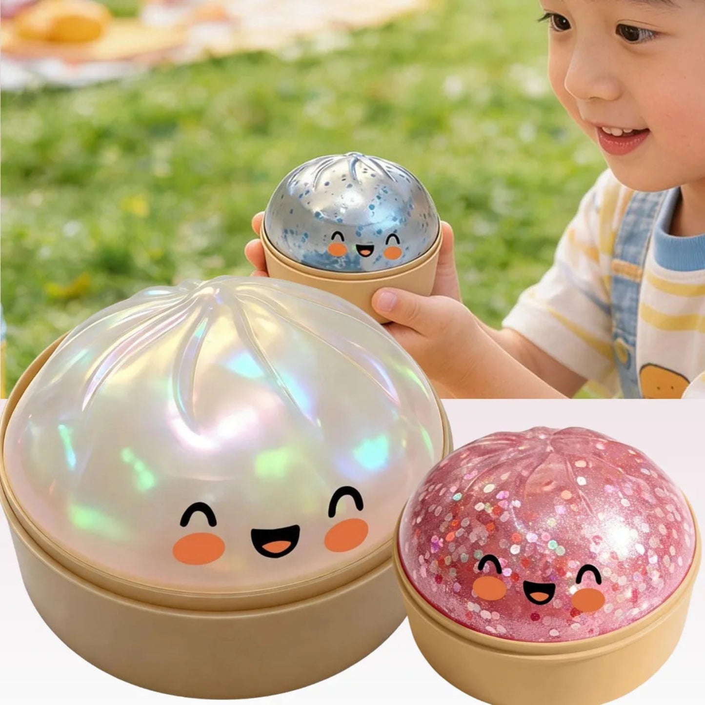 Cute dumpling bun fidget toy steamer cage stress ball glitter