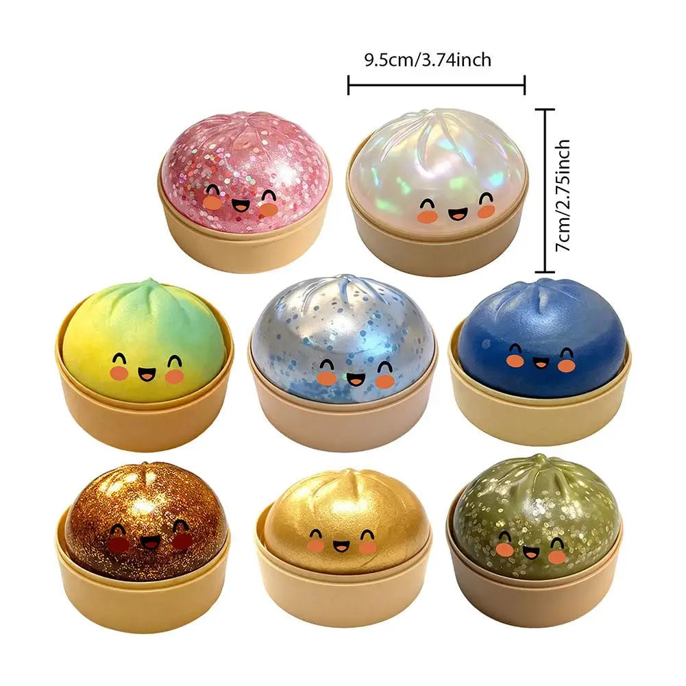 Dumpling bun toy transparent blue glitter fidget stress relief