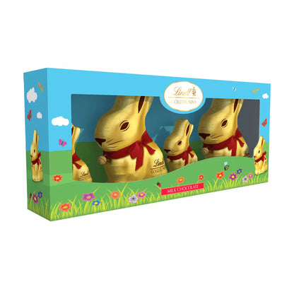 Premium milk chocolate bunnies wrapped in gold foil