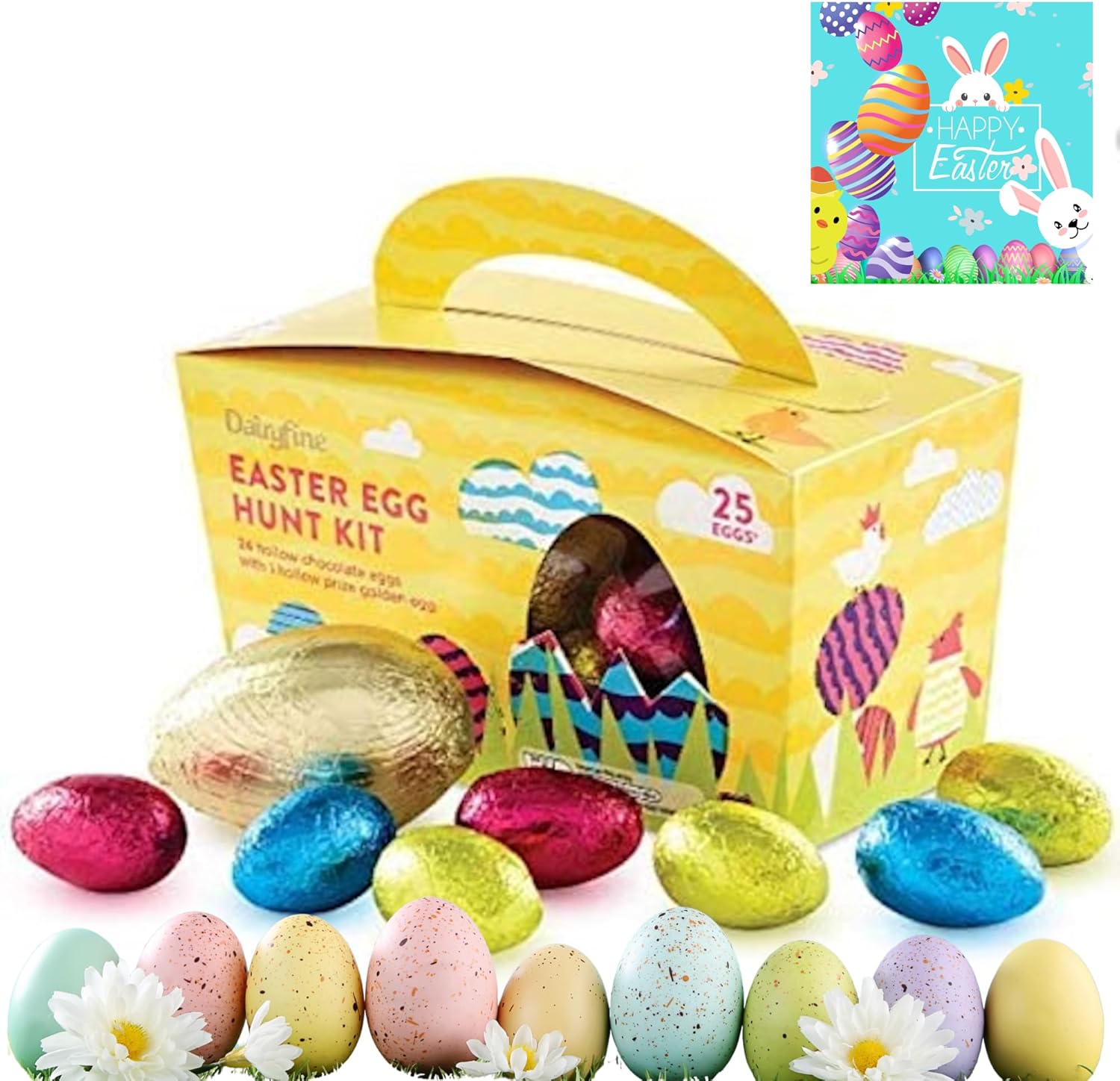 Easter Gifts for Kids Egg Hunt Kit – 340g Chocolate Sweets Box with 24 Assorted Mini Eggs, 1 Hollow Egg & Cards – Perfect for Boys & Girls, Easter Hamper, Snacks, Treats & Birthday Gift Box