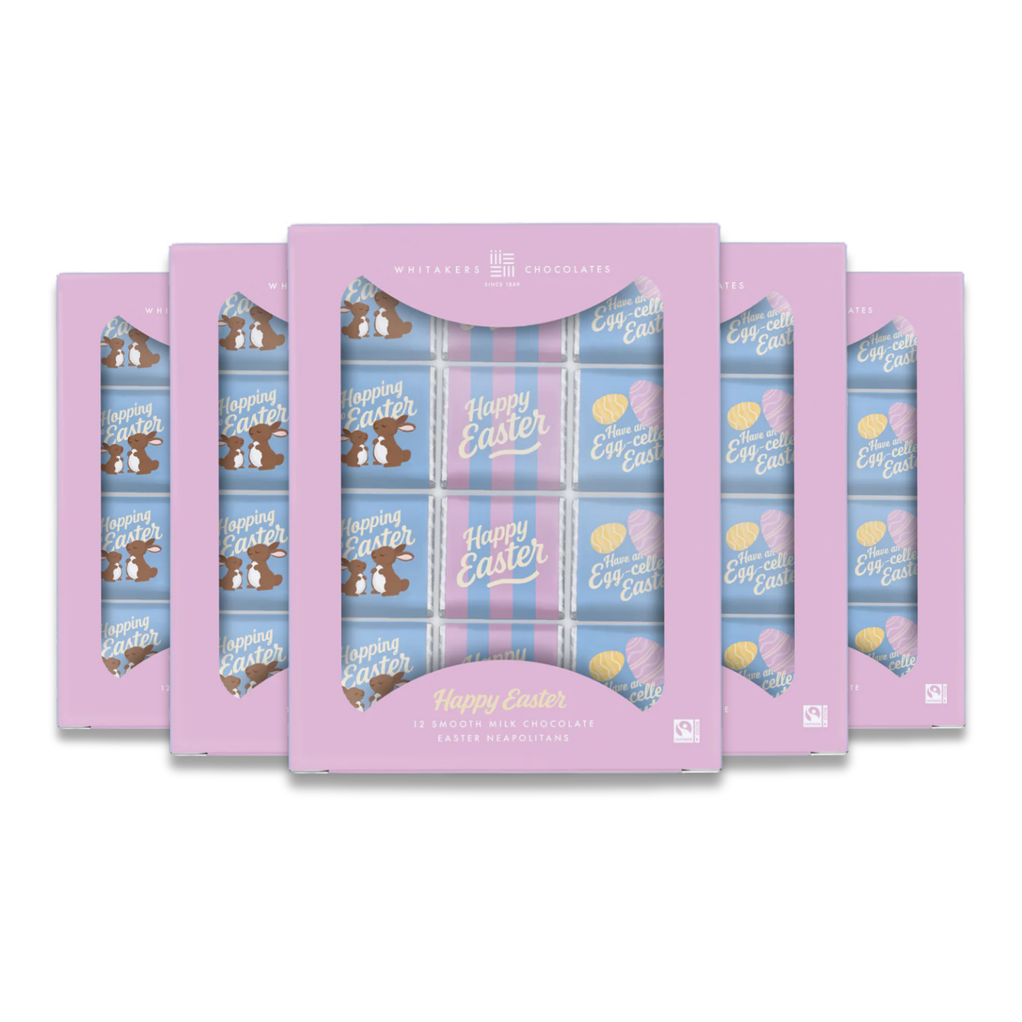 12 individually wrapped Easter-themed milk chocolate squares