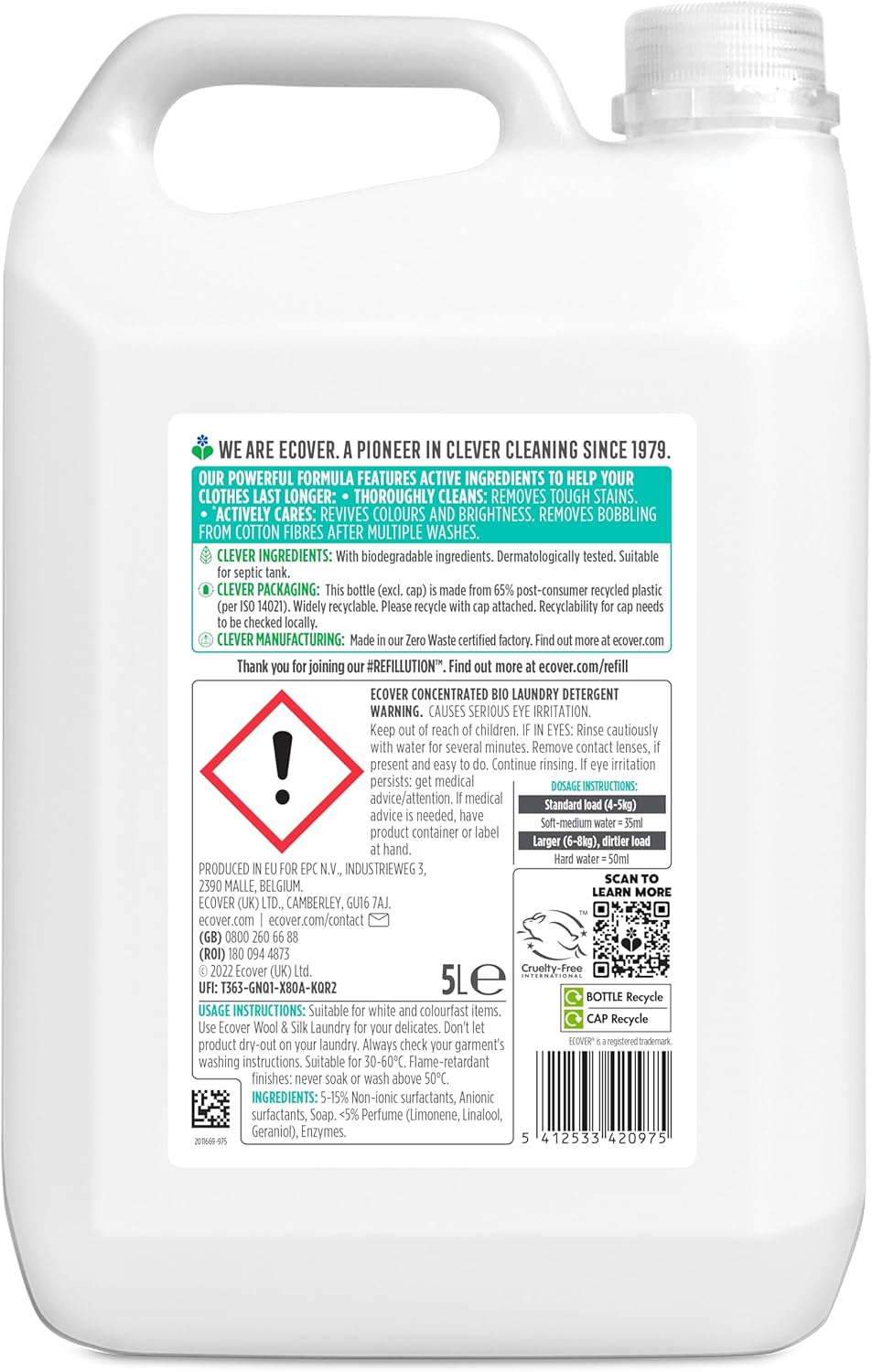 Ecover Bio Laundry Detergent Refill 5L – Powerful yet gentle stain removal, leaving clothes fresh and soft with natural, non-toxic ingredients for everyday use.