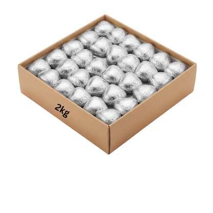 Sleek silver foil wrapped creamy milk chocolate hearts