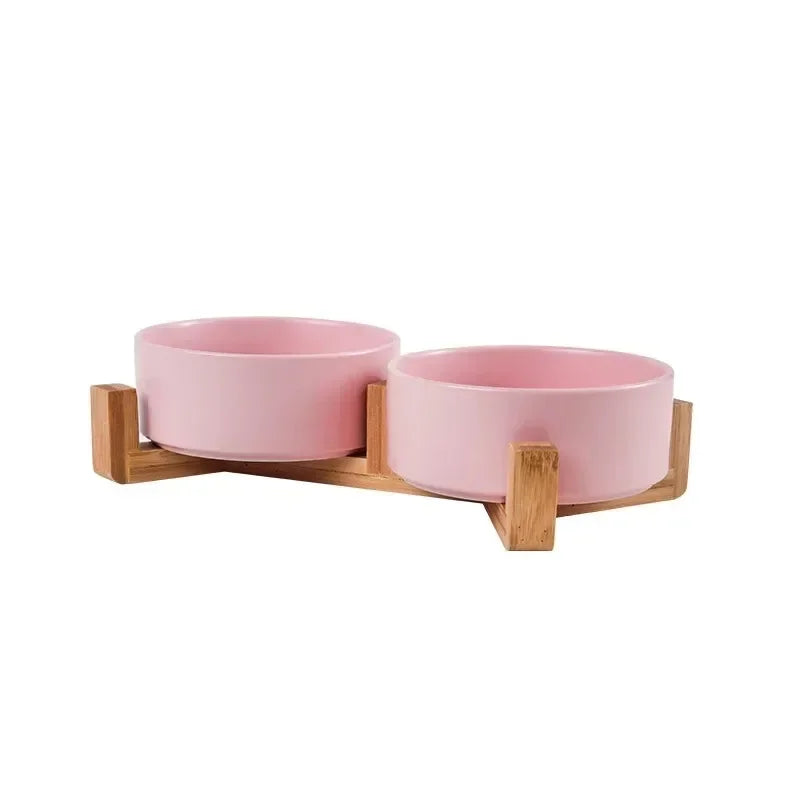 Cat and dog bowl ceramic wood stand mess free no spill feeder