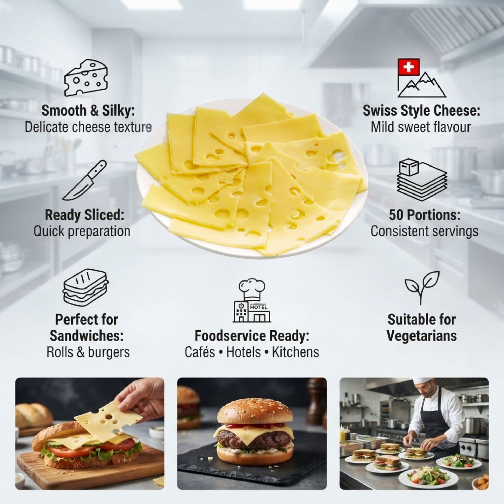 Swiss style Emmental cheese slices