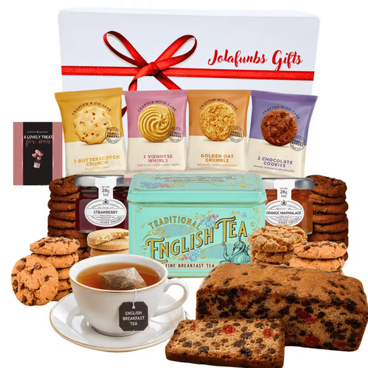 English breakfast tea gift box with fruit cake and biscuits