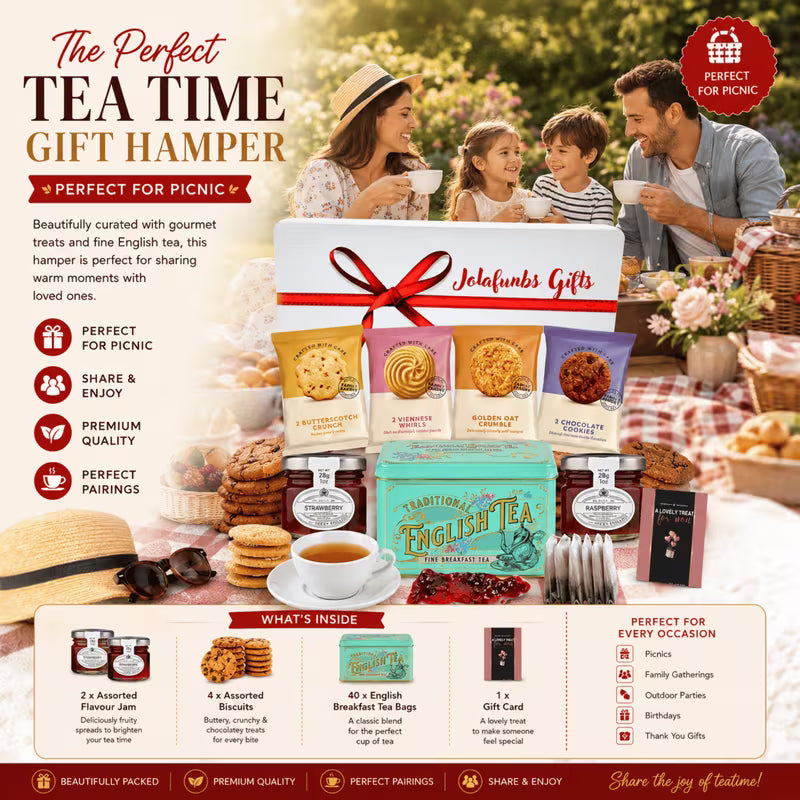 Tea and biscuit gift set with assorted sweet treats