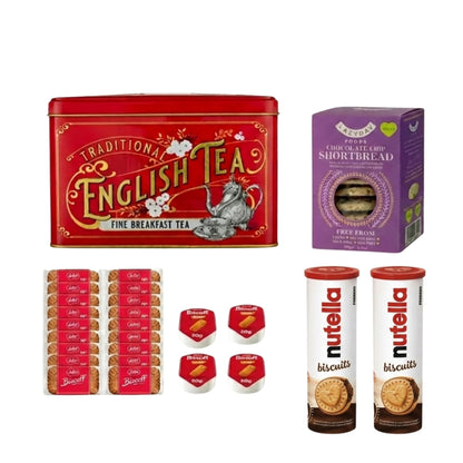 Luxury English tea hamper with red tin and biscuits