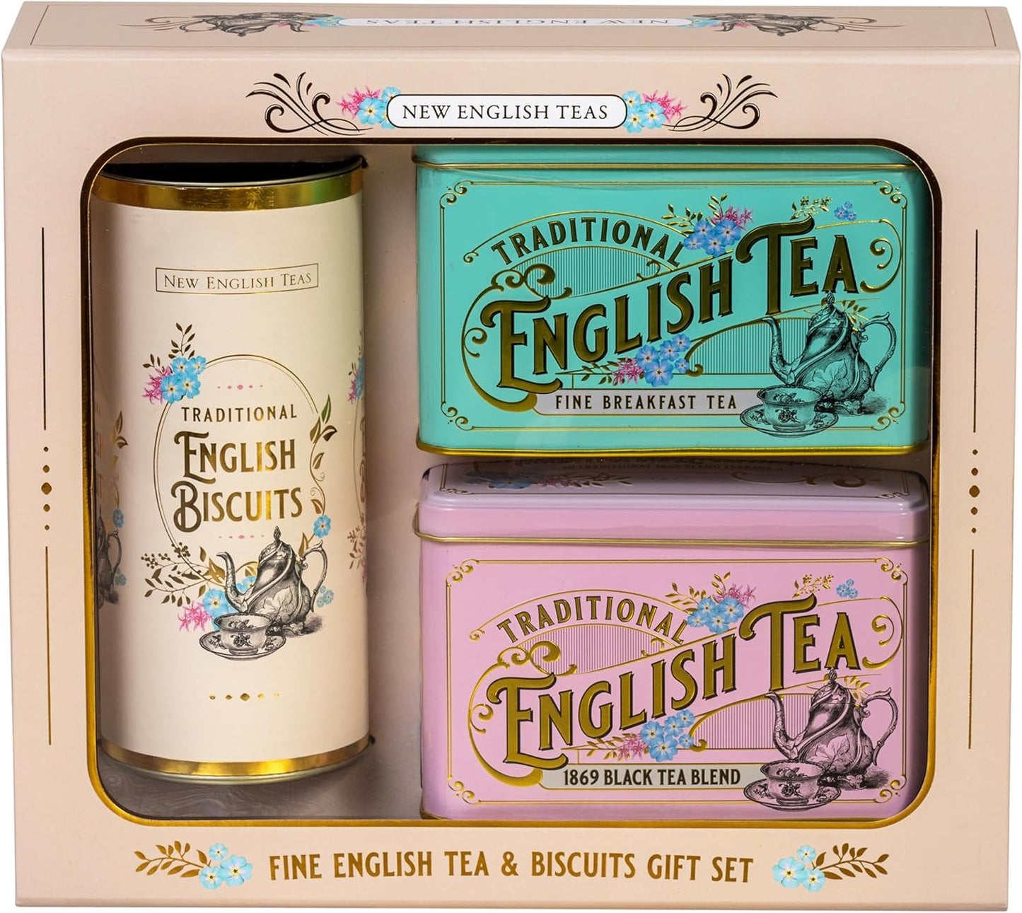 Selection of premium English teas and crunchy biscuits from gift set