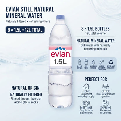 Evian natural mineral water 1.5 litre bottles