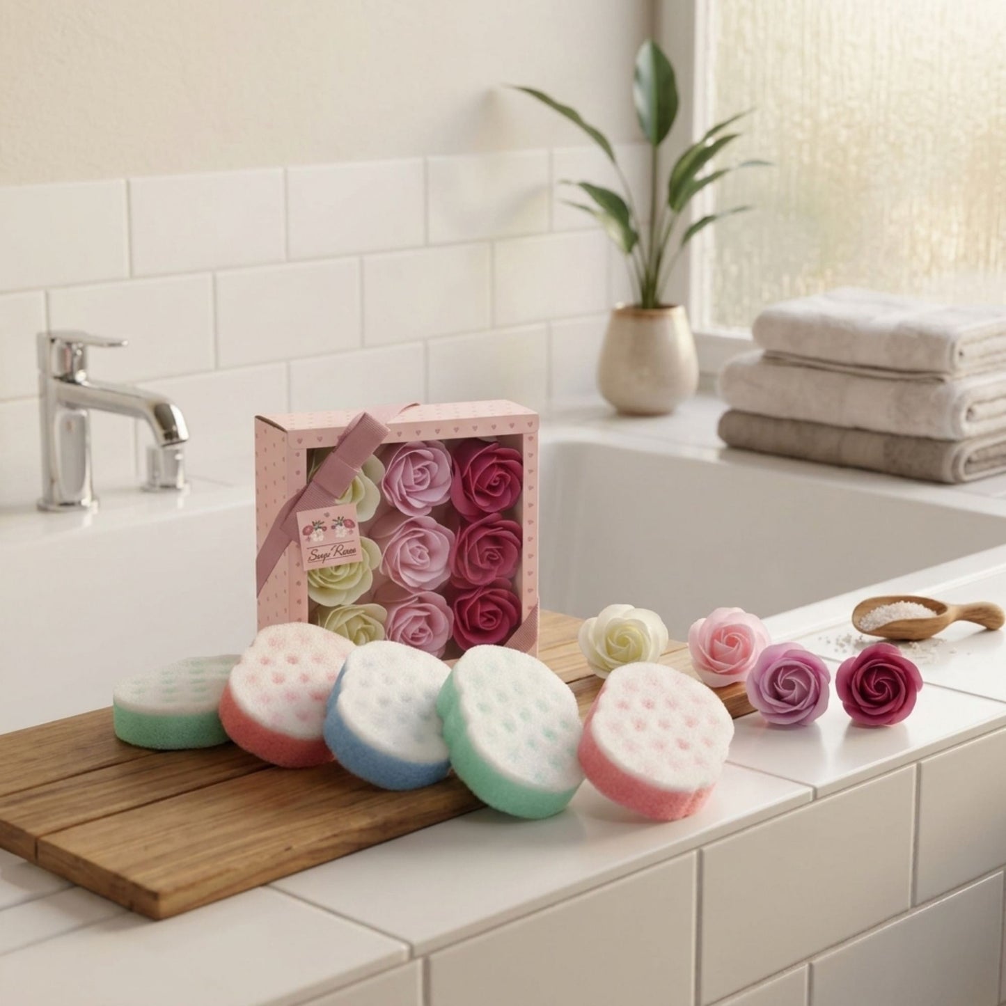 Exfoliating bath sponge set with decorative soap roses