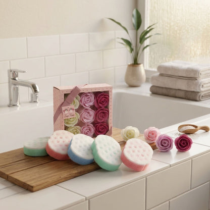 Exfoliating bath sponge set with decorative soap roses