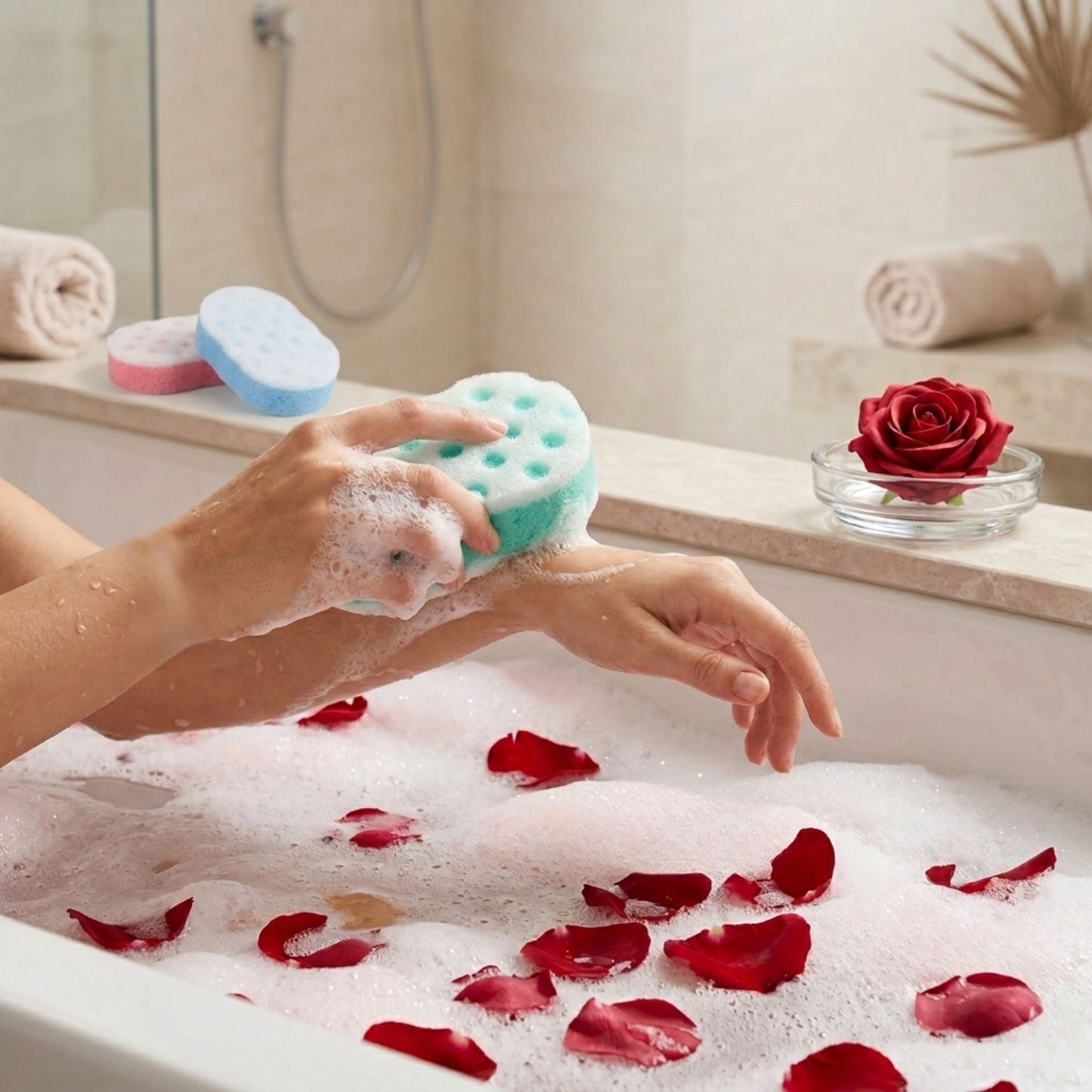 Double sided exfoliating bath sponge for smooth skin