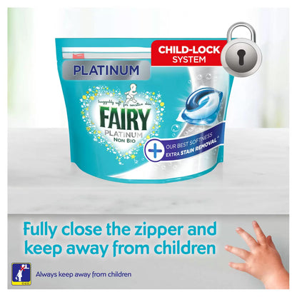 Fairy Non Bio Platinum Pods providing powerful stain removal for all fabrics