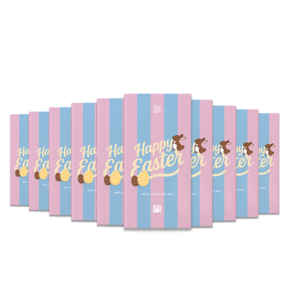 Chocolate bar decorated with bunnies, eggs, and flowers