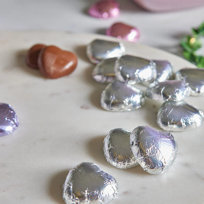 Silver chocolate hearts for weddings, celebrations, and gifts