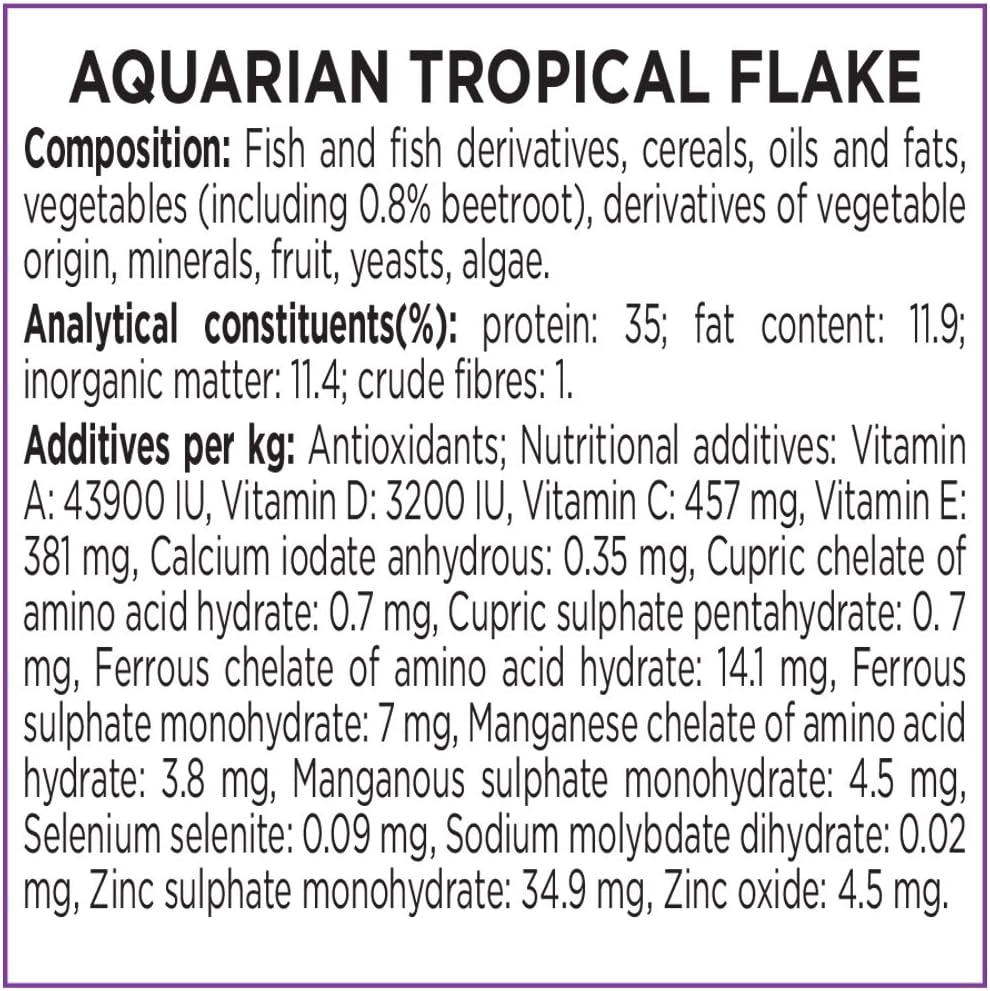 Fish food flakes supporting bright and active tropical fish