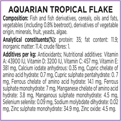 Fish food flakes supporting bright and active tropical fish