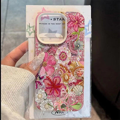 Floral beaded ocean patchwork phone case for iPhone 11–17 series