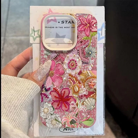 Floral beaded ocean patchwork phone case for iPhone 11–17 series