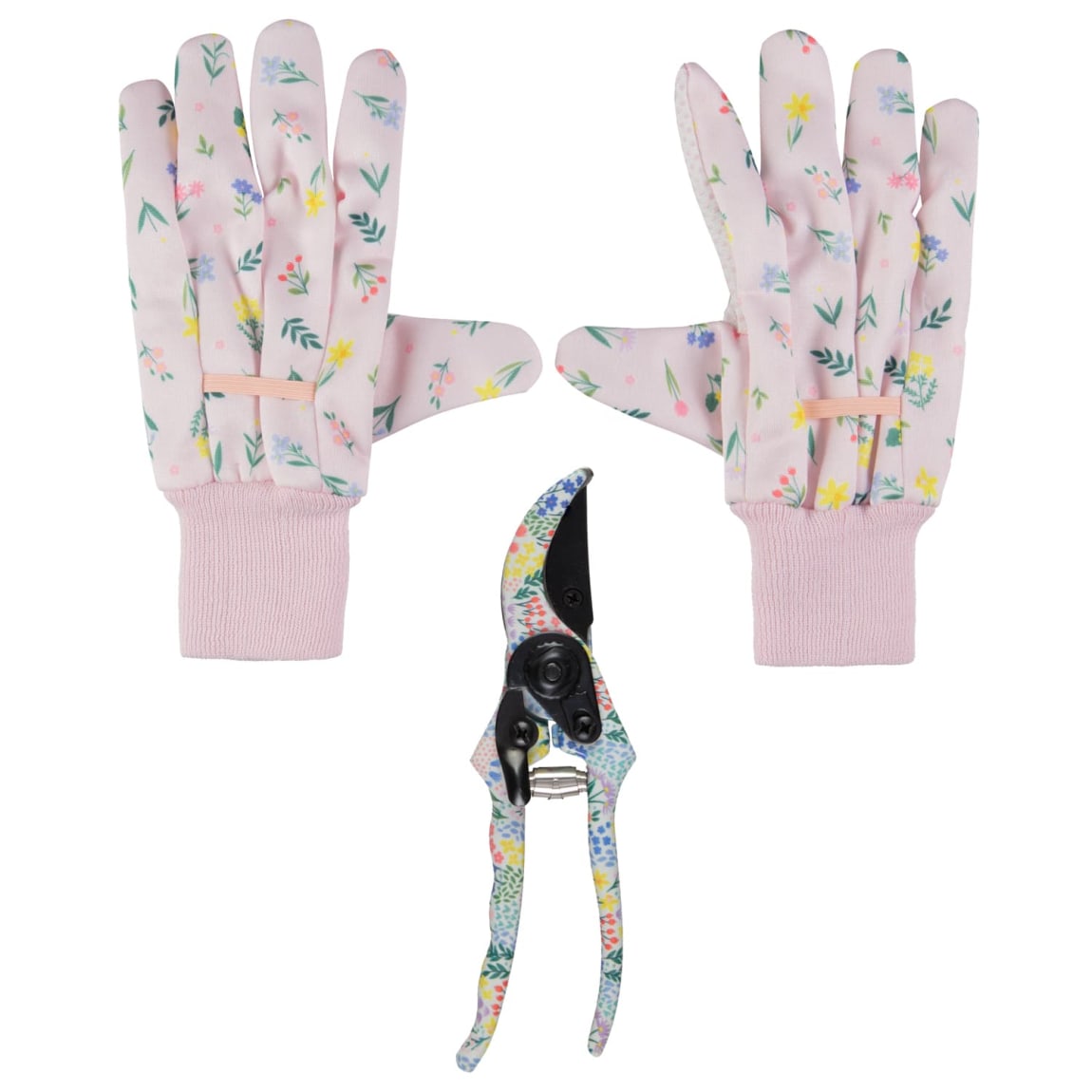 Floral garden tool set with pruning shears and gloves