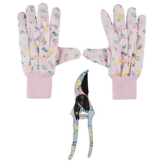 Floral garden tool set with pruning shears and gloves