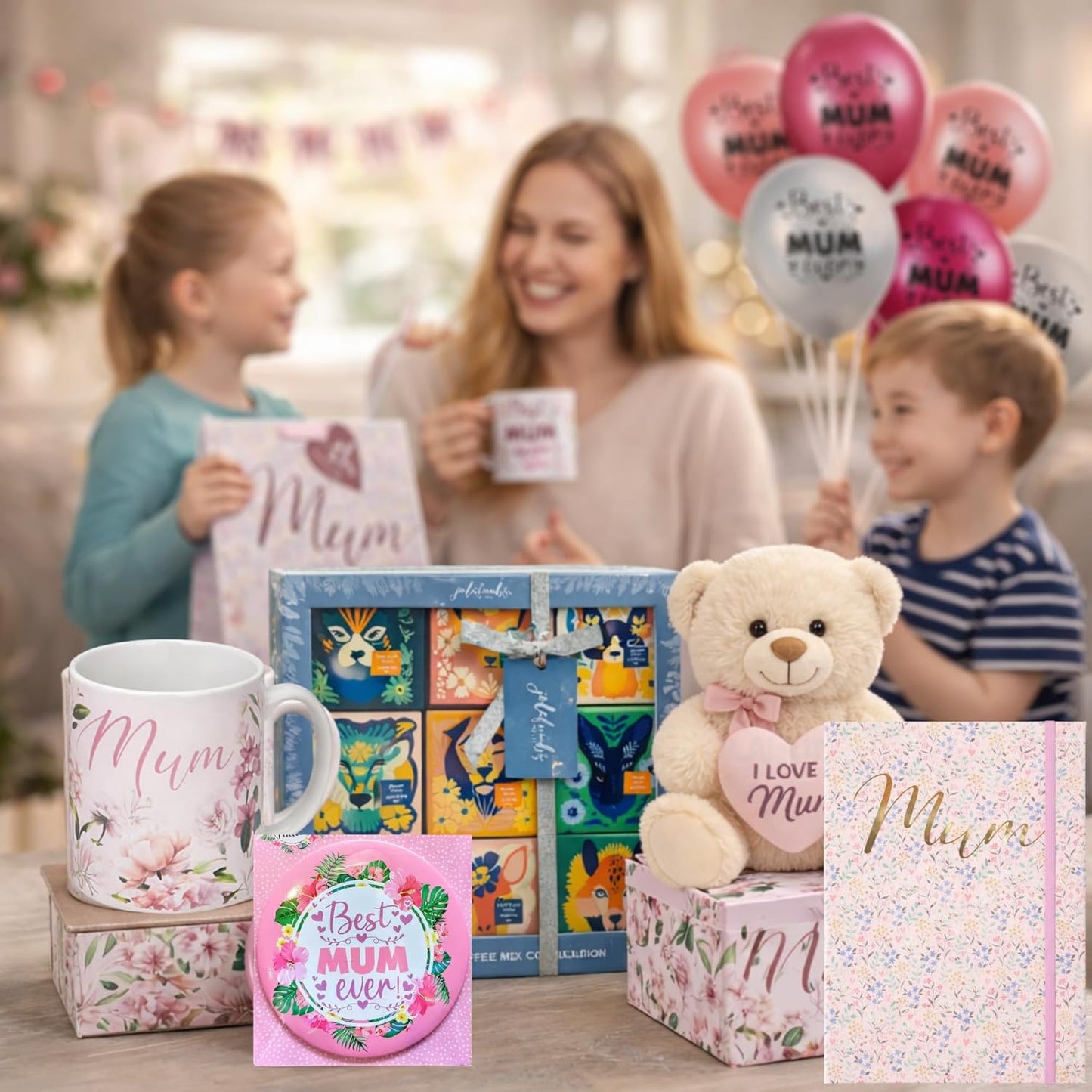 Charming accessories: soft teddy bear, floral mug, and balloon