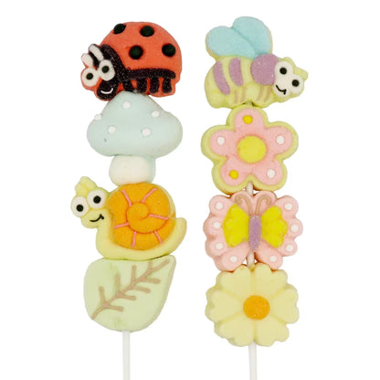 Forest-shaped mallow lollipops: ladybirds, snails, flies, butterflies