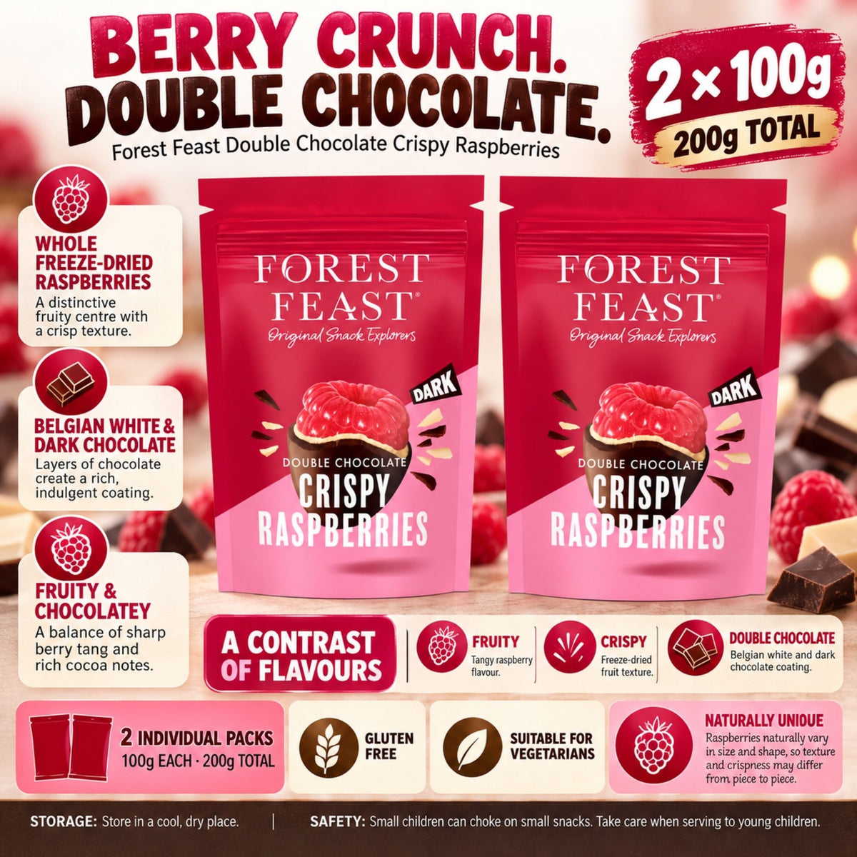 Forest Feast crispy raspberries coated in double chocolate