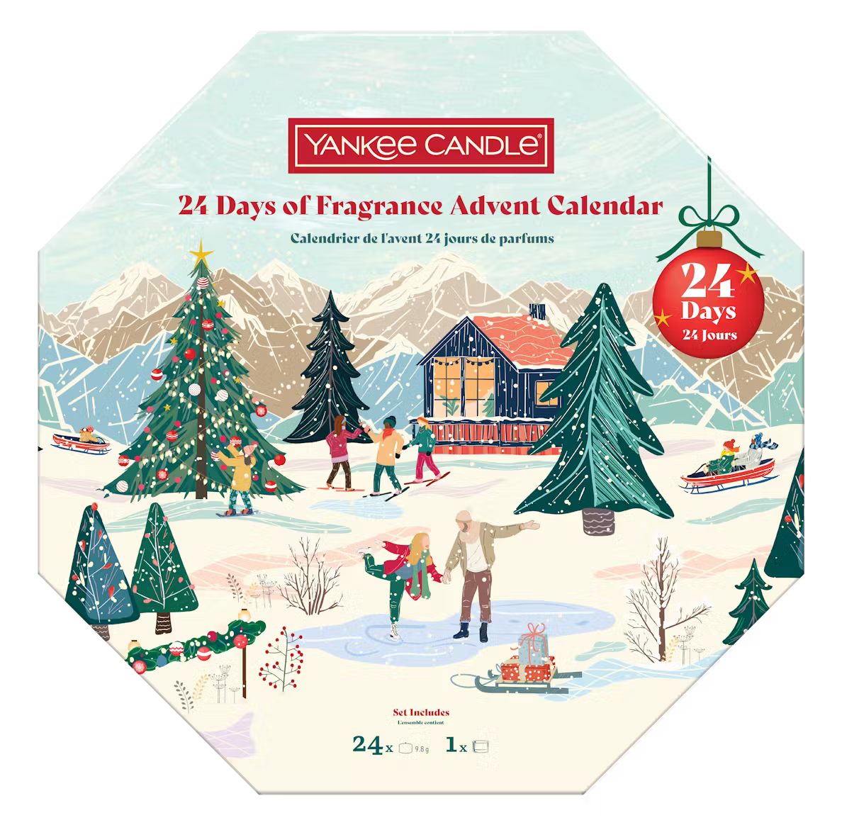 Advent calendar with 24 scented tea light candles and glass holder