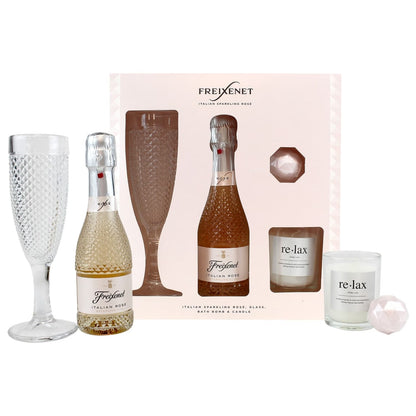 Freixenet Pamper Set with prosecco, bath bombs, scented candle, and glass