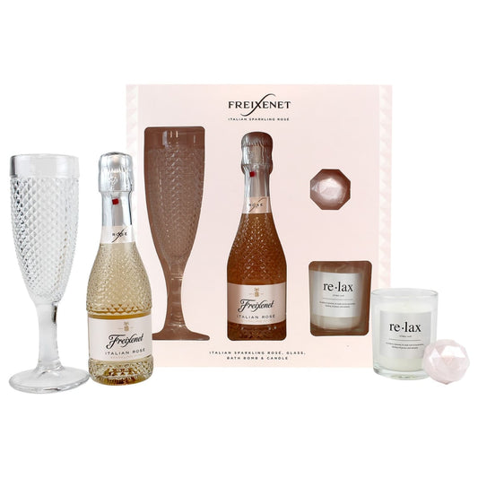 Freixenet Pamper Set with prosecco, bath bombs, scented candle, and glass