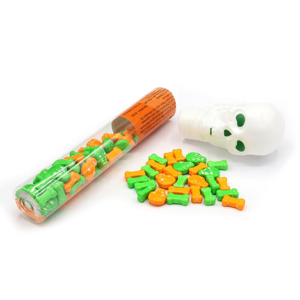 16-pack spooky candy tubs in pumpkin and skull designs