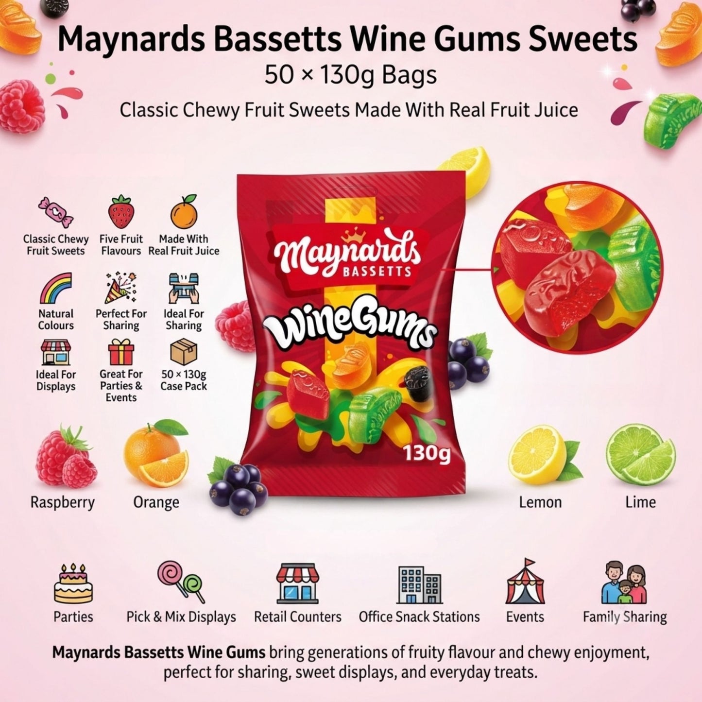 Mixed fruit flavour chewy Wine Gums