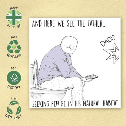 Funny dad card showcasing dad's favorite spot, a top pick for fathers day uk celebrations.