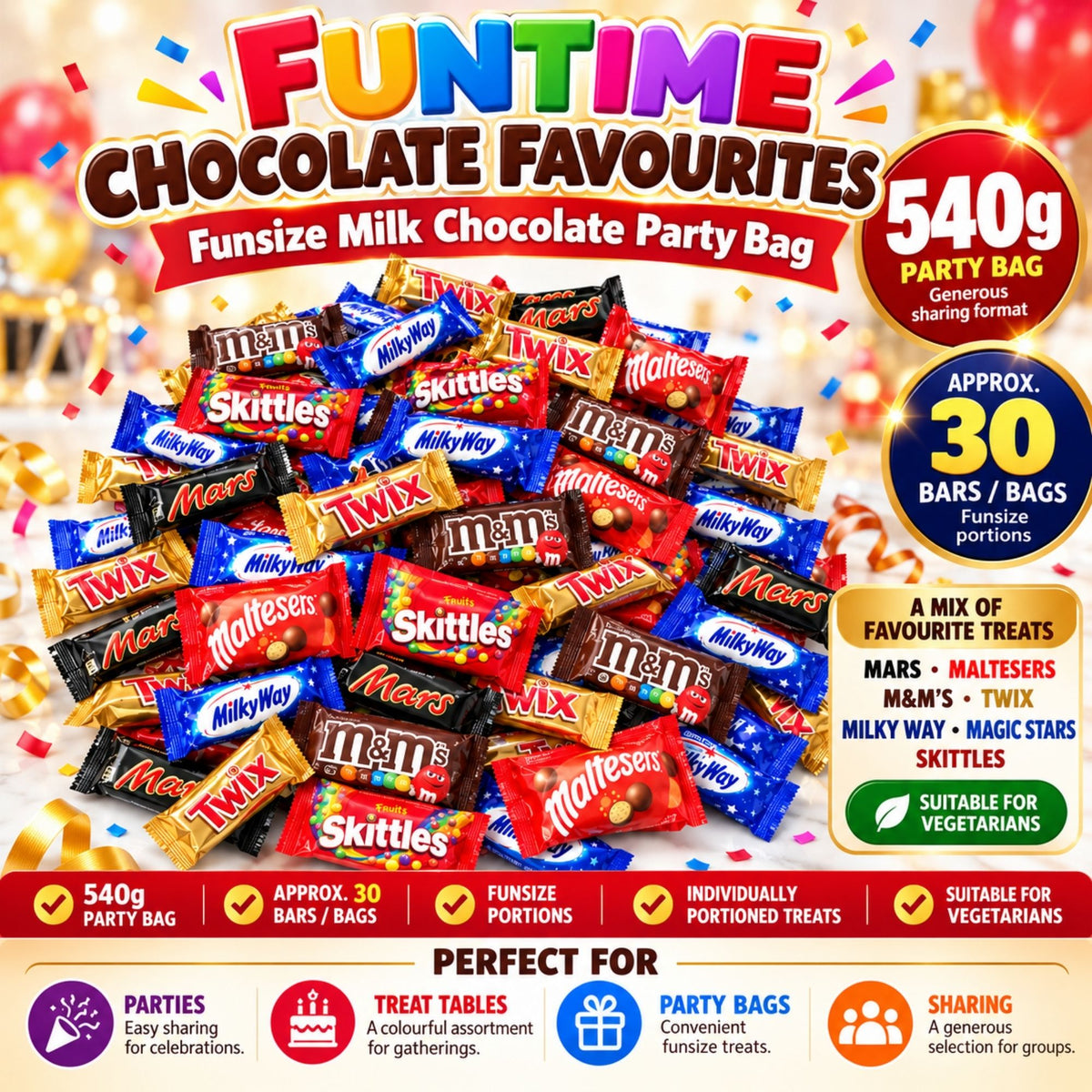 Mixed funsize chocolate party bag with approximately 30 treats