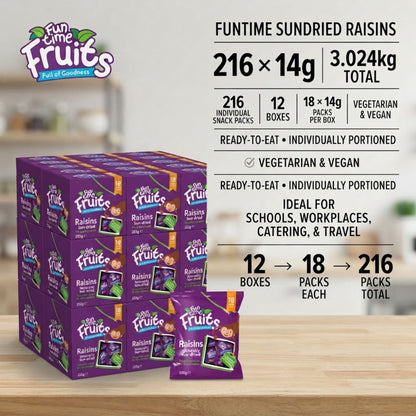 Funtime raisins supplied as 12 boxes of 18 packs