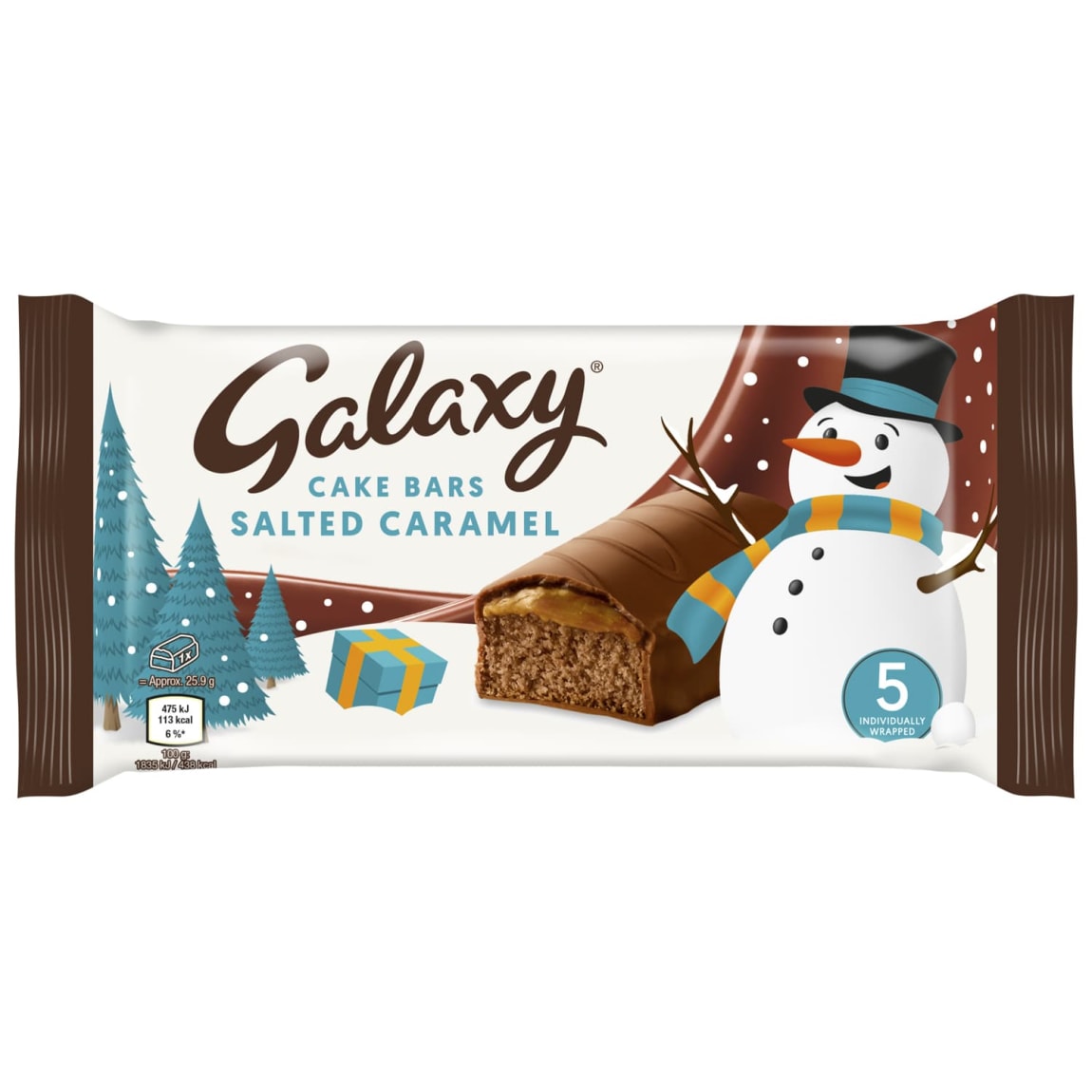 Individually wrapped chocolate cake bars with smooth salted caramel layer