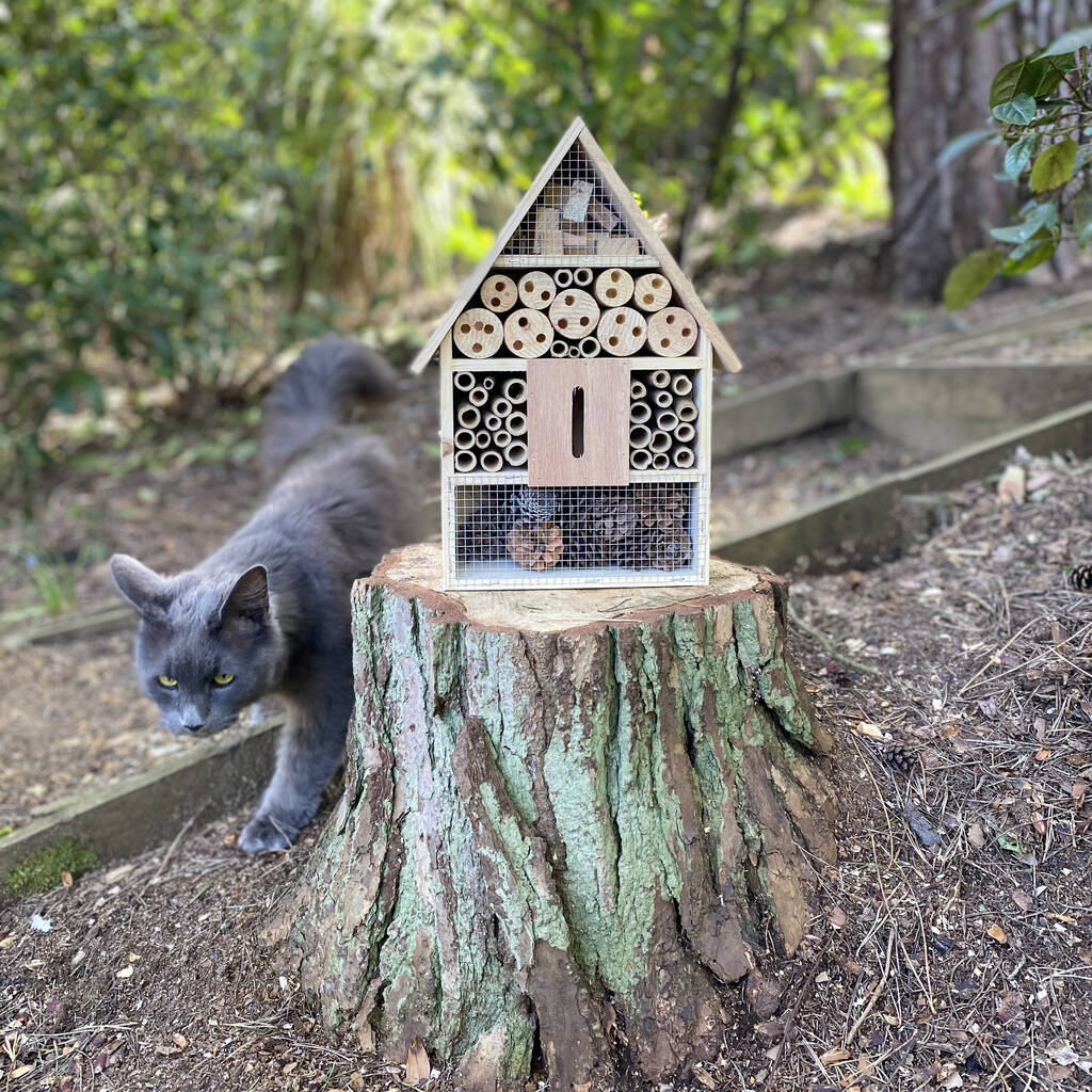 Fully assembled wooden bug house for garden wildlife and pollination