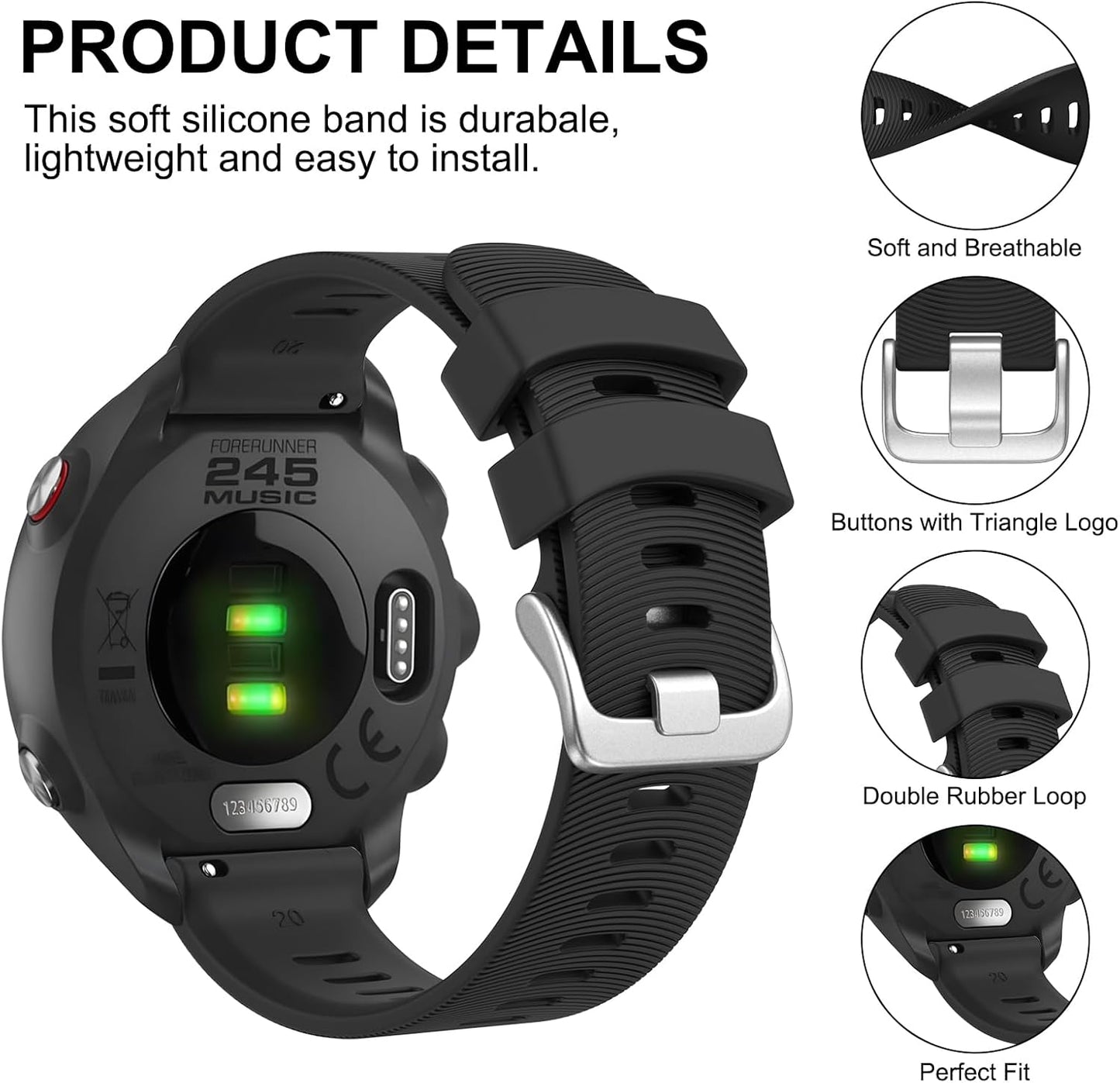 Soft silicone watch strap compatible with Garmin Forerunner 645