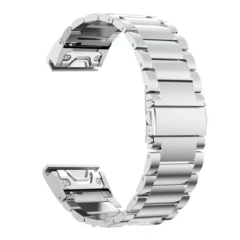 Garmin metal watch band fold buckle clasp close up detail stainless steel