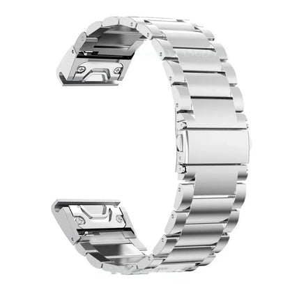 Garmin metal watch band fold buckle clasp close up detail stainless steel